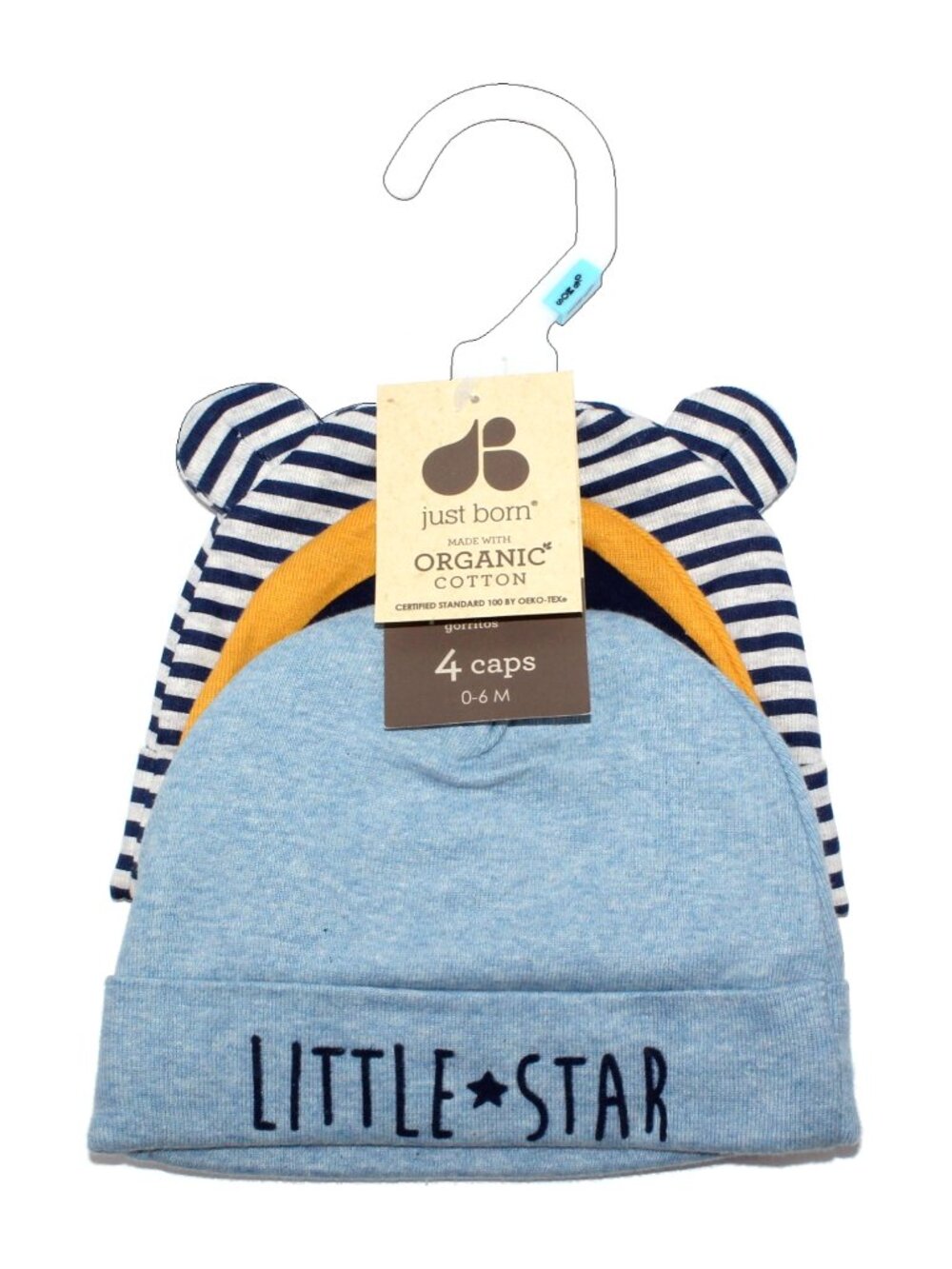 Just Born Baby Boys' 4-pk 100% Organic Cotton Solid Stripes Printed Baby Caps